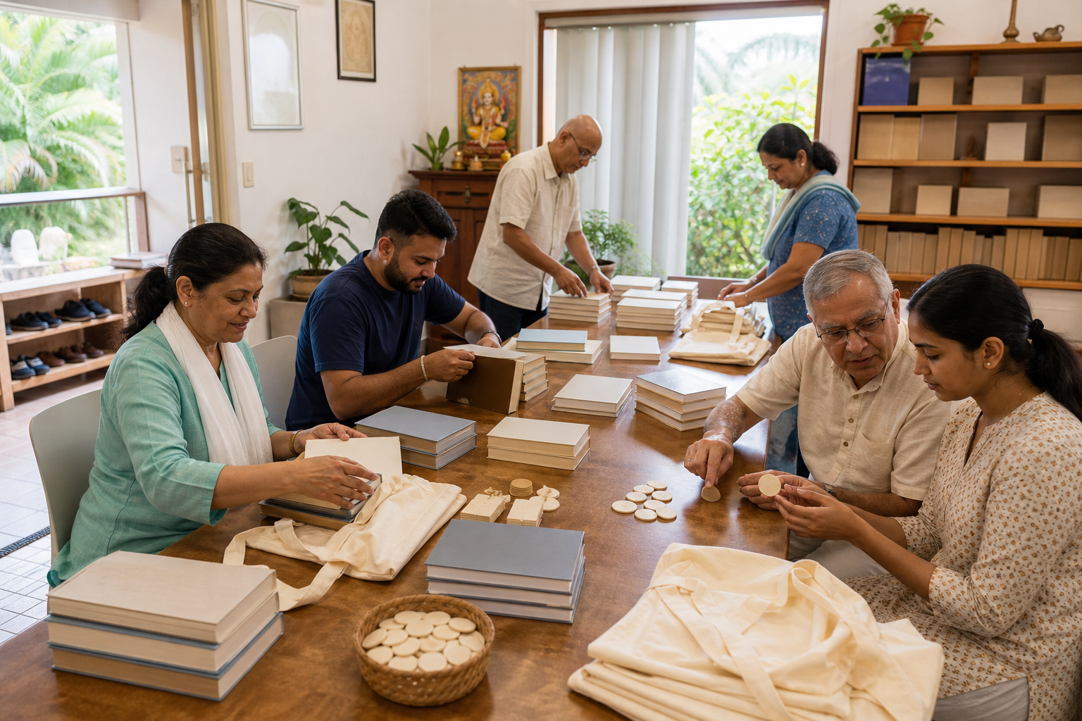 Volunteers sort spiritual books and prepare carrying bags together inside a modest devotional centre.