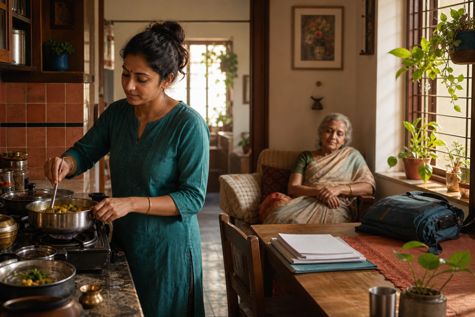 An adult prepares food in a sunlit home while an older family member rests nearby and daily work items wait on a table.