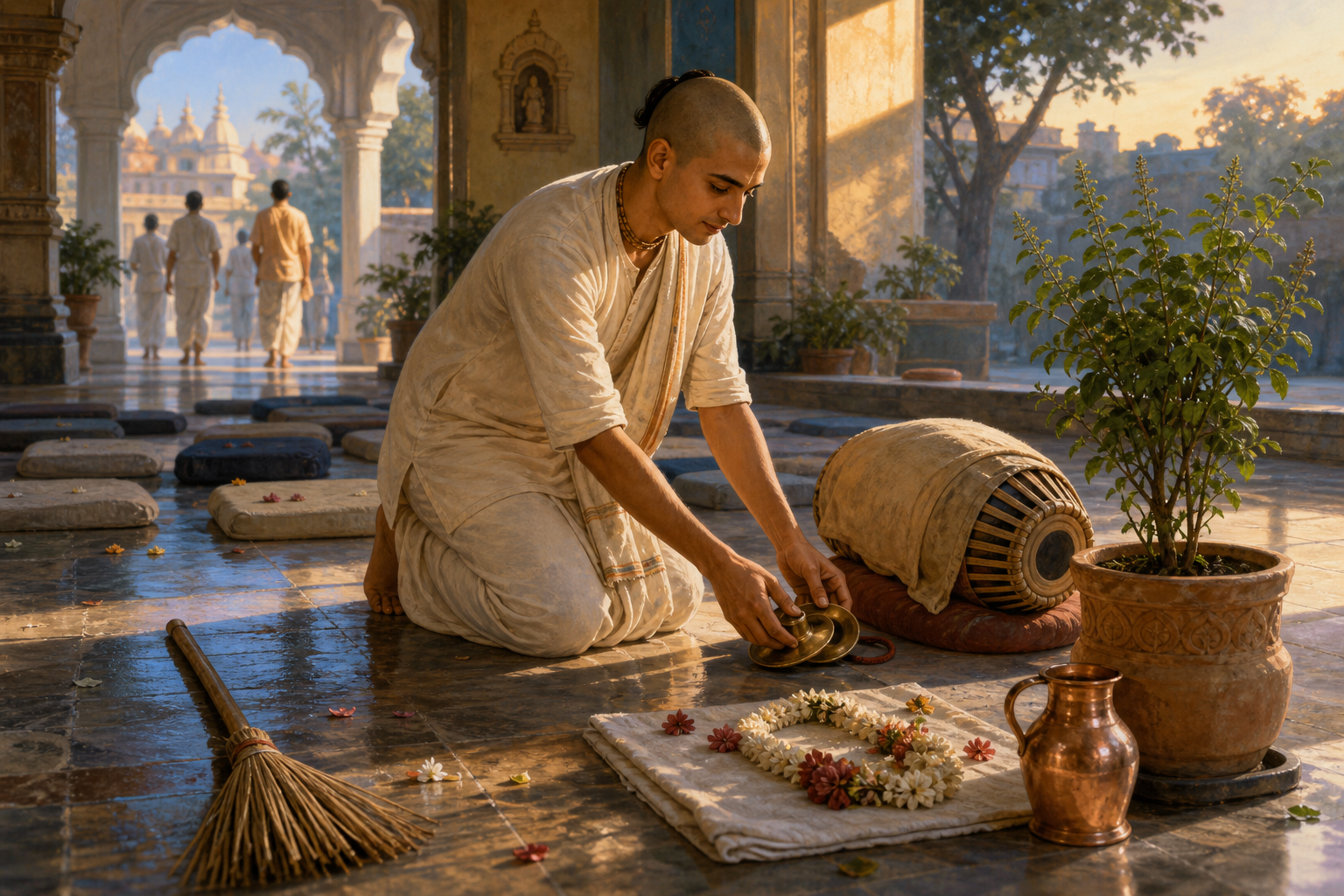 A devotee puts away hand cymbals in a quiet temple courtyard beside a drum, broom, flower garland, and watered tulsi plant.