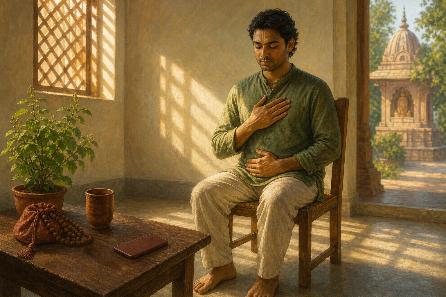 A seated devotee takes a grounding breath beside a face-down phone, a bead bag, a cup of water, and a tulasi plant.