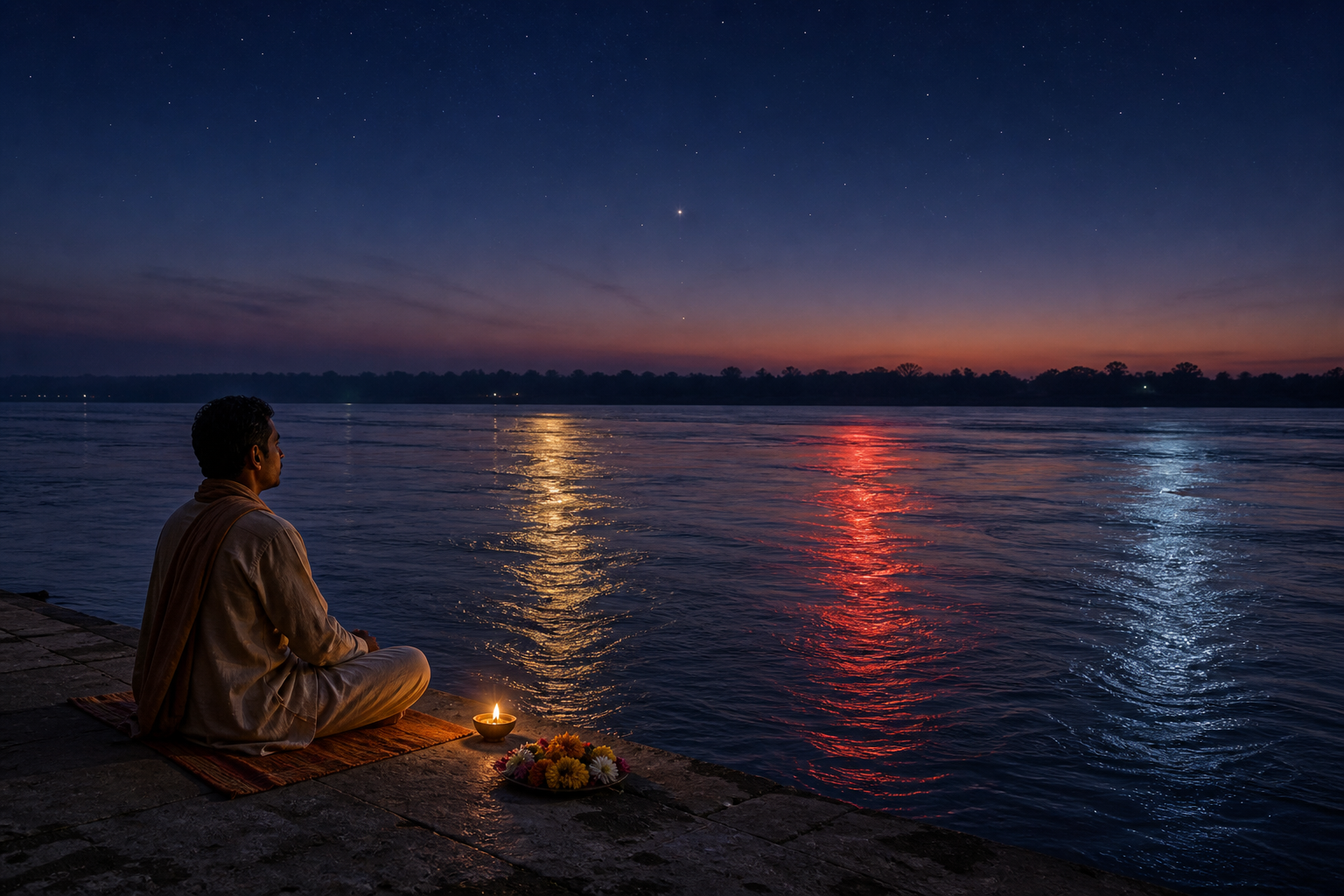 A seated practitioner watches gold, red, and blue-gray reflections move across a twilight river beside a small oil lamp and flowers.