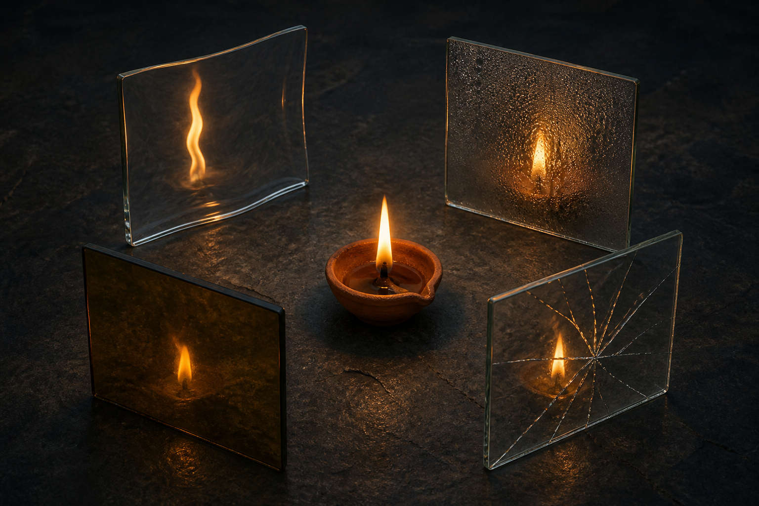A clay oil lamp appears distorted through four glass panes that are warped, fogged, tinted, and cracked.