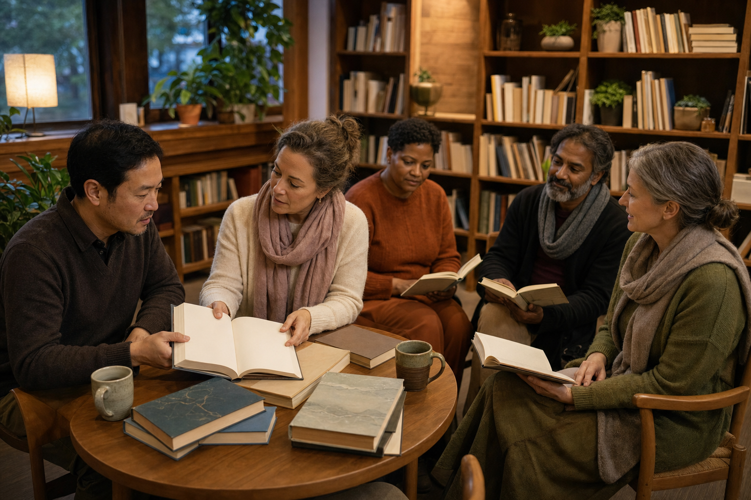 A volunteer and several readers discuss open spiritual books together in a warm community-library setting.