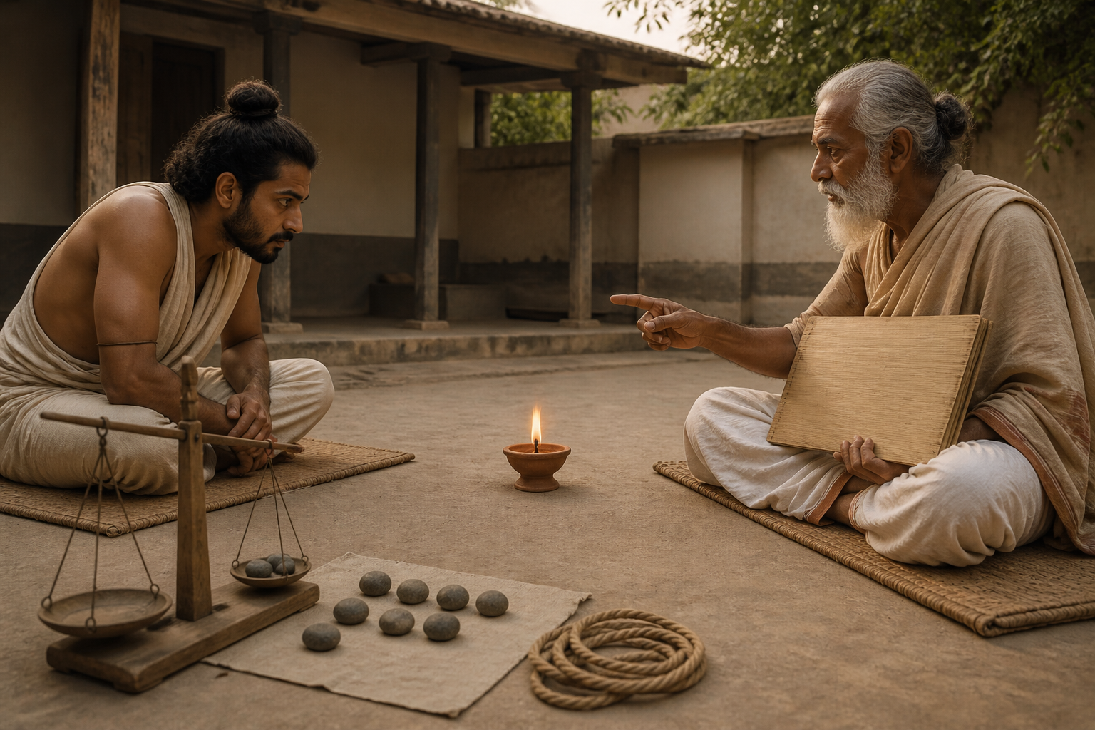 A practitioner, reasoning tools, and an older teacher with a blank folio are arranged around a clay lamp in a triangular composition.