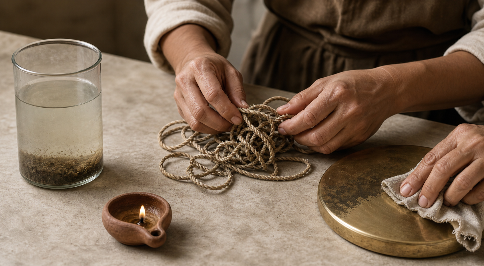 Hands use different methods to address cloudy water, a tangled cord, and a tarnished brass surface on a stone worktable.