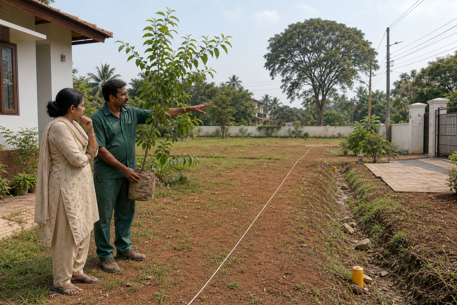 A gardener and homeowner assess an open planting site for a young tree away from a house, paving, walls, and overhead wires.