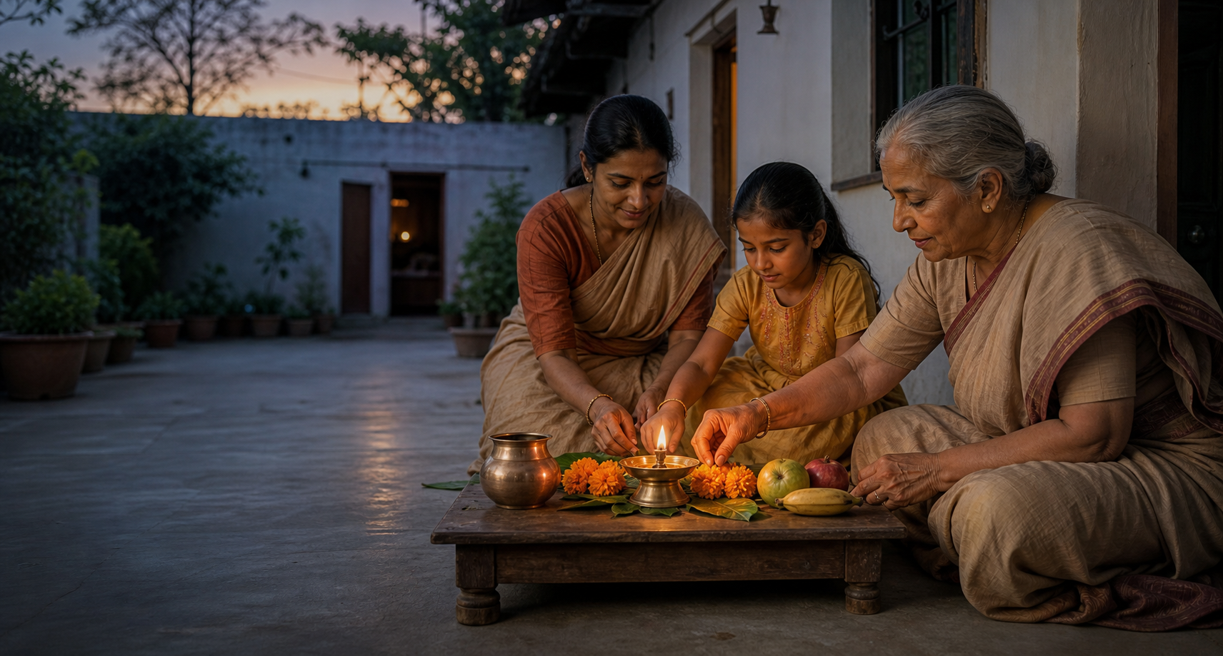 Three family members arrange a brass oil lamp, flowers, water, and fruit on a simple wooden shrine in an Indian home courtyard at dawn.