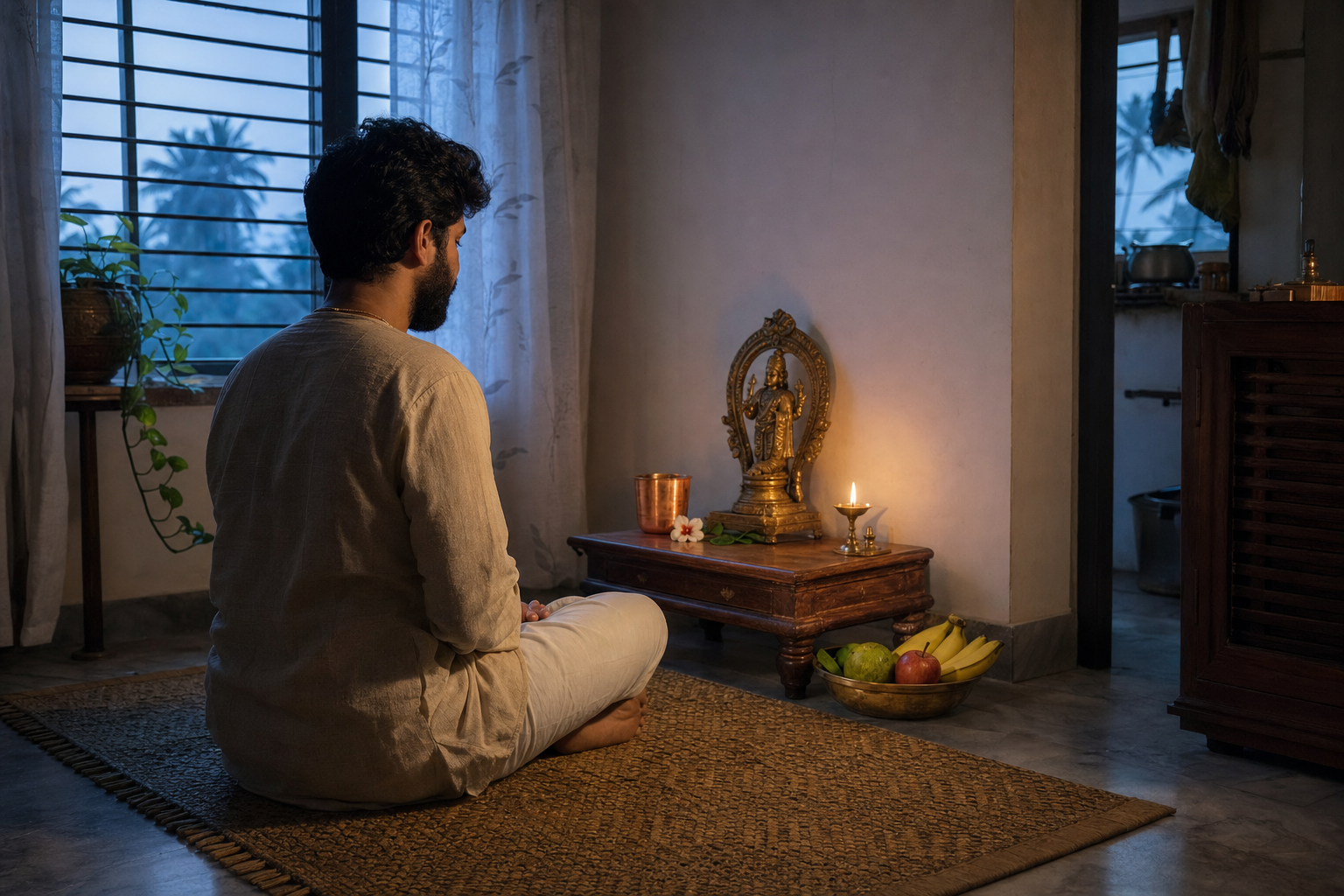 A devotee sits before a small home shrine at dawn with a brass deity, oil lamp, water, flower, and fruit offering.