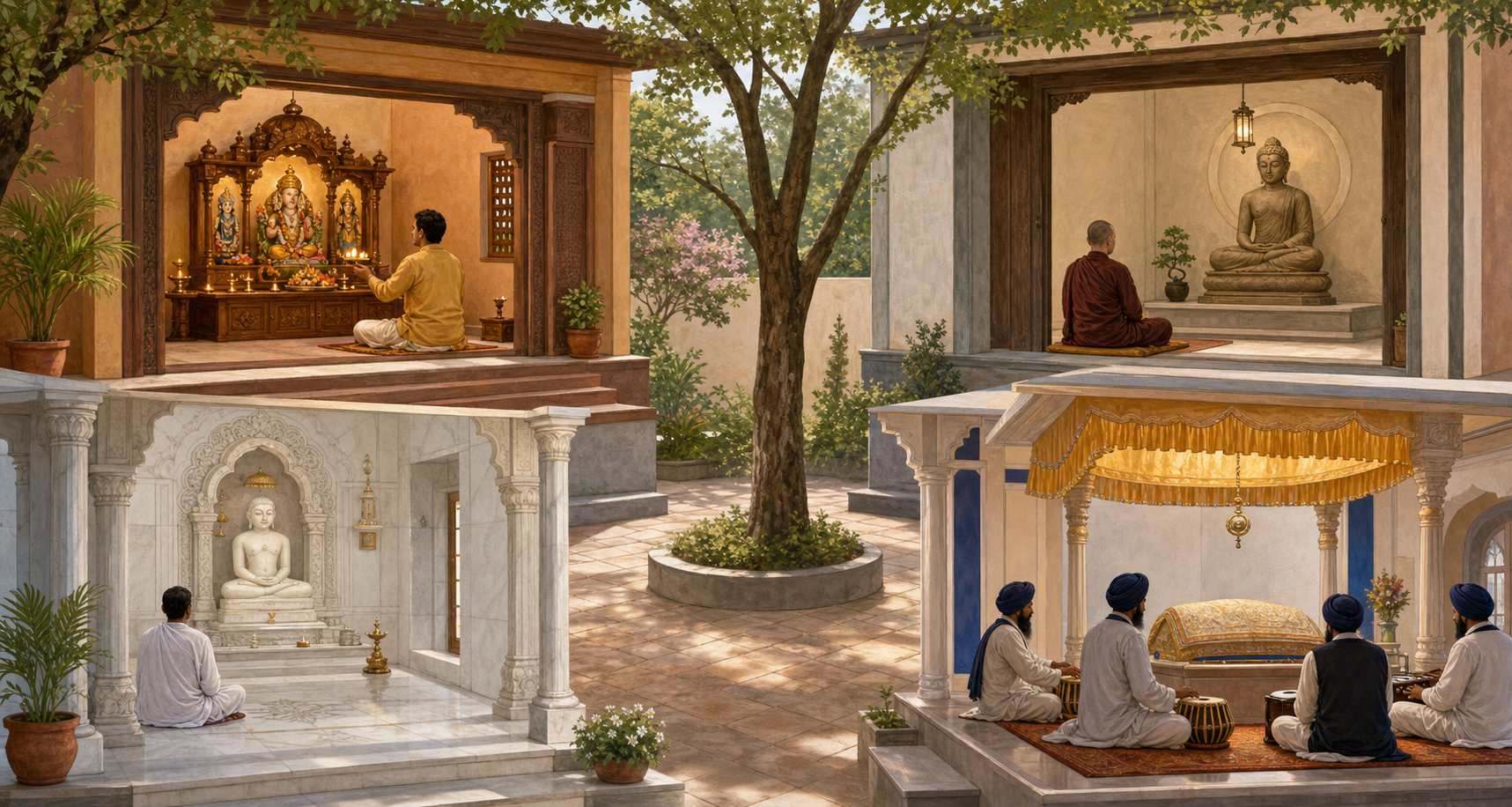 Four separate rooms around a courtyard show Hindu offering, Buddhist meditation, Jain contemplation, and Sikh devotional music.