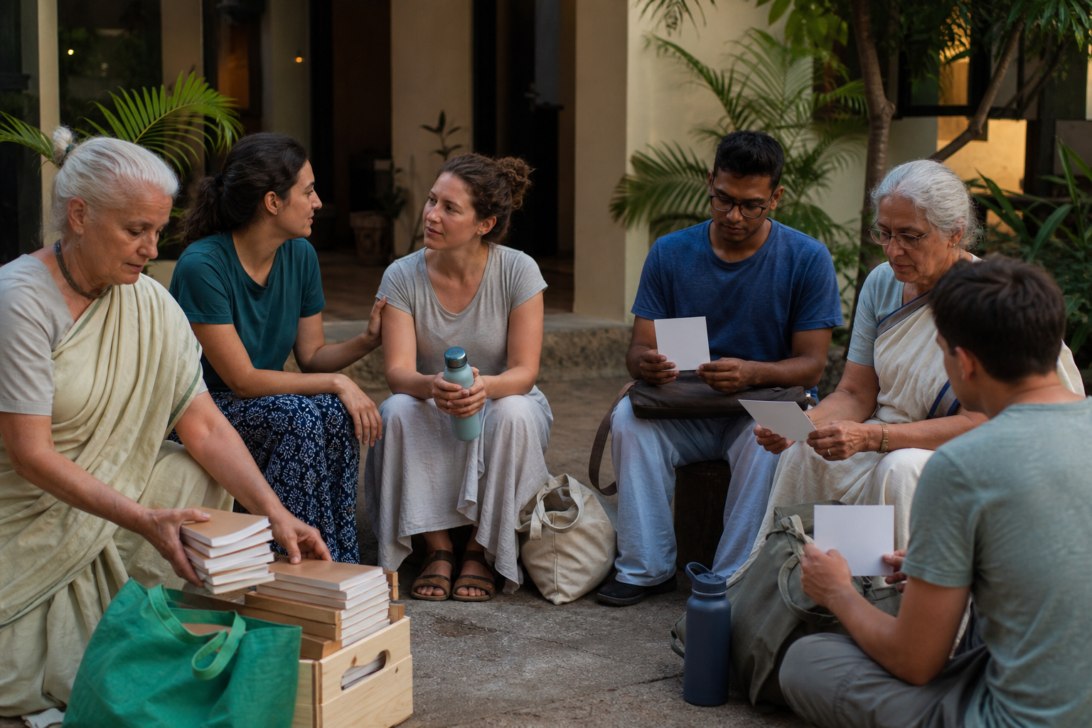 A mixed-age volunteer team reflects together in a leafy courtyard while packing away unbranded books and reusable bags.