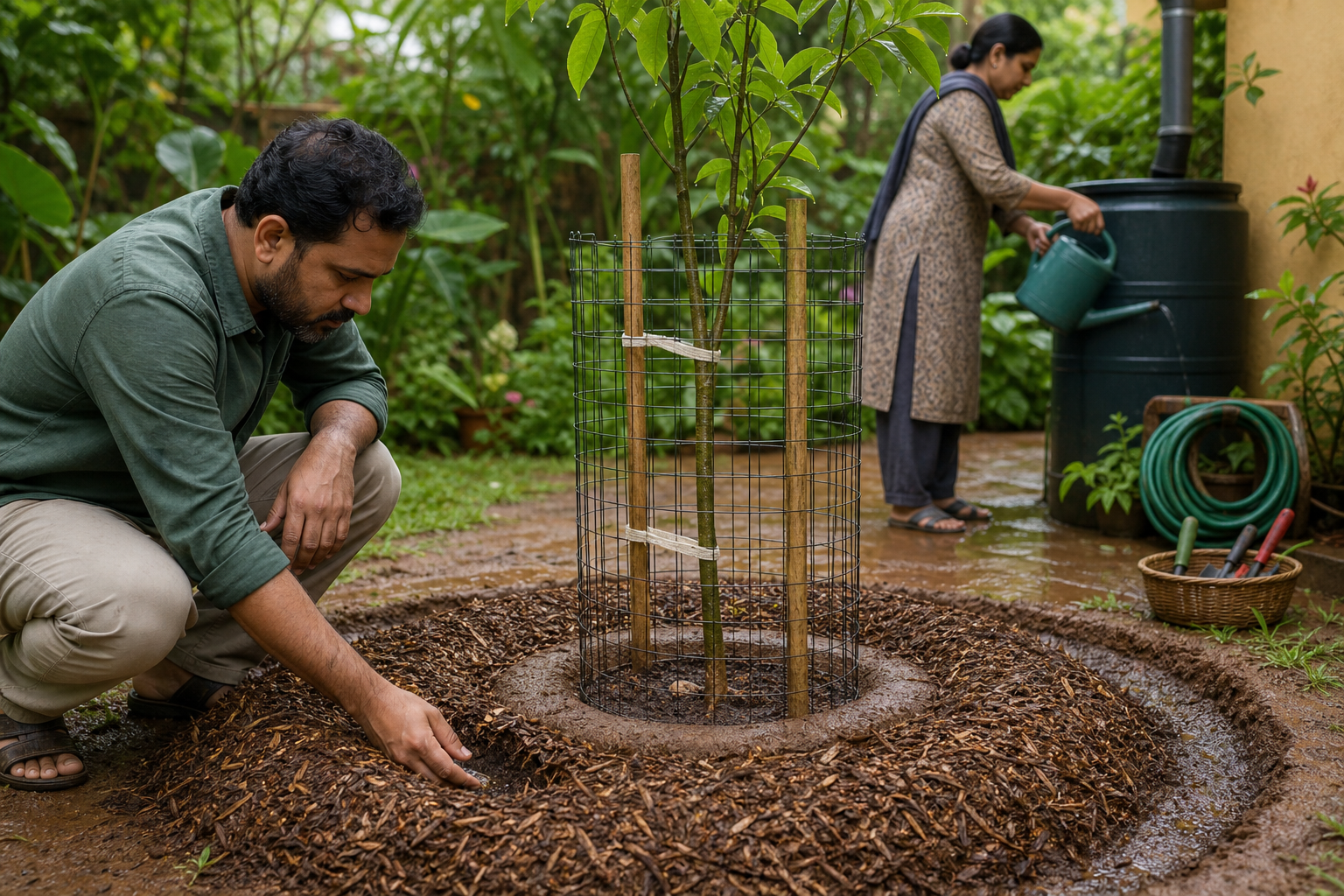 Two people maintain a young tree with mulch, a watering basin, loose support ties, a protective guard, and stored garden tools.