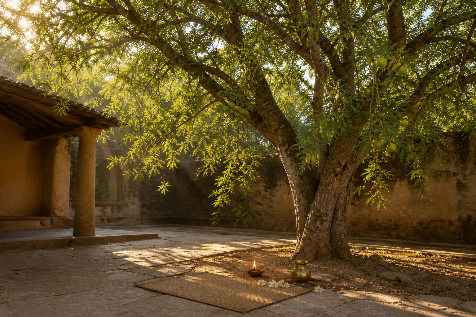 A fruit-bearing amla tree in an Indian courtyard at dawn, with a small lamp, brass water vessel, flowers, and a mat arranged near its trunk.