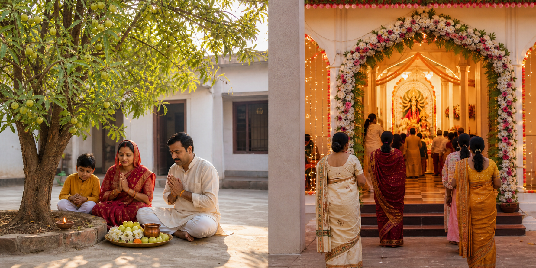 A split scene shows a family observing beside an amla tree and, separately, devotees entering a flower-decorated Bengali puja pavilion.
