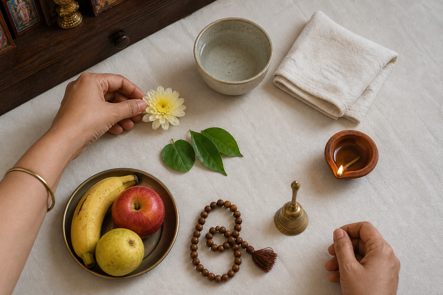 Hands place a flower among simple daily worship items including water, fruit, prayer beads, a bell, and an oil lamp.