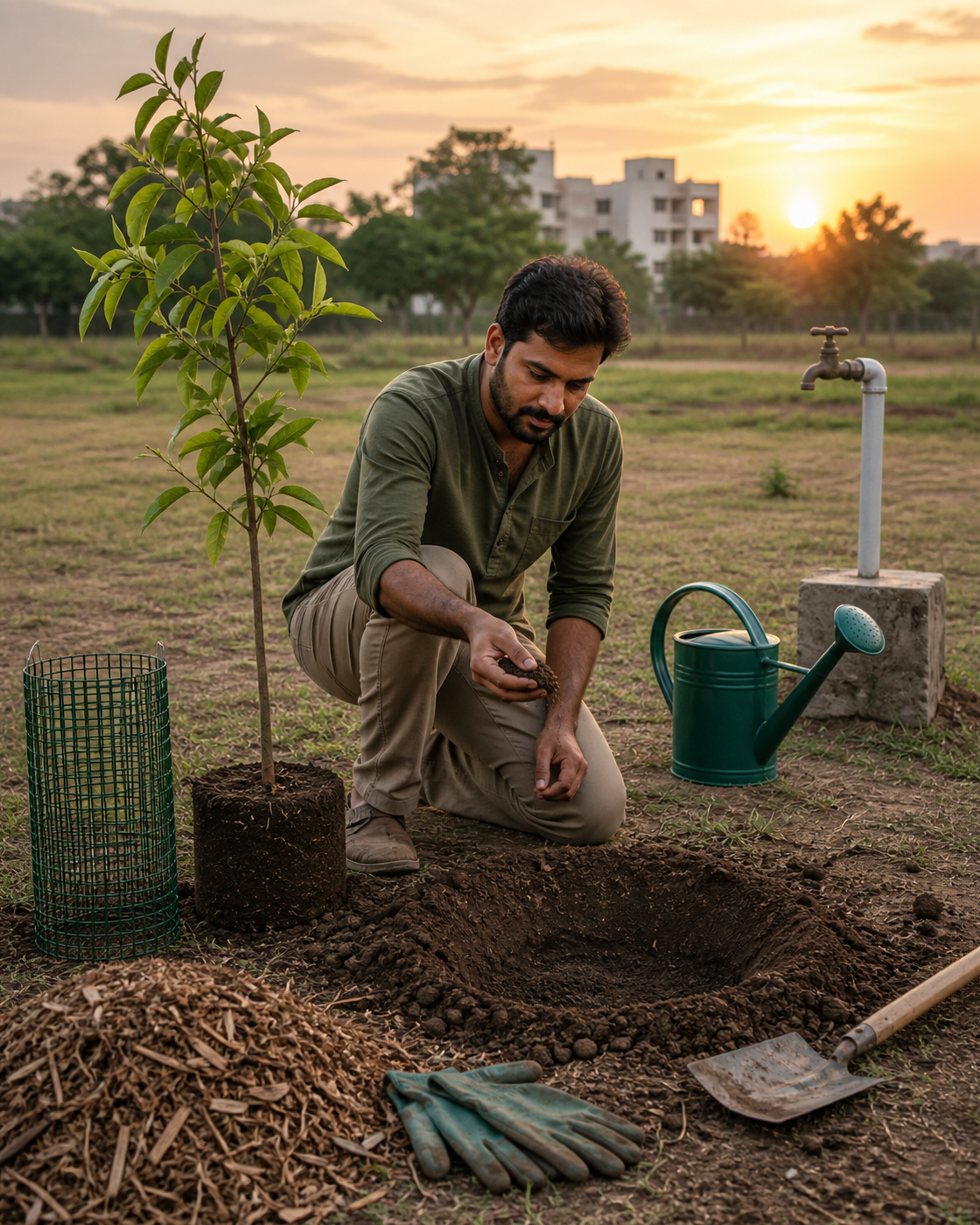 A person checks soil beside a sapling, watering can, mulch, tree guard, gloves, and spade in an open garden.