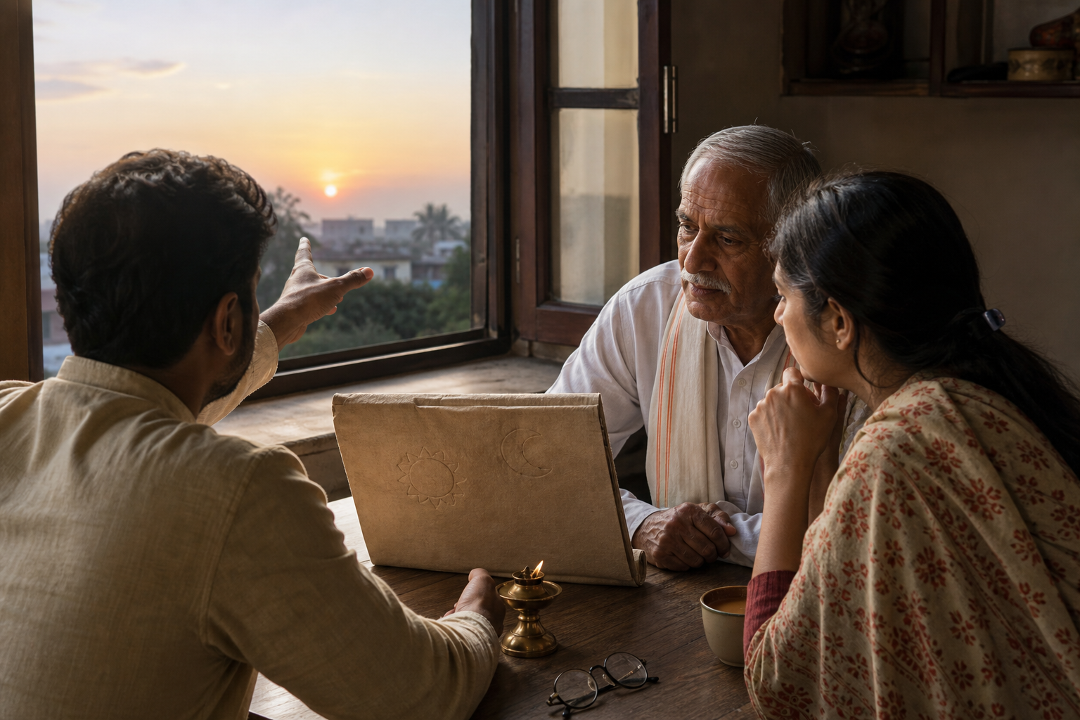 Two householders and an older guide consult a traditional almanac beside a window at sunrise, with its printed pages turned away from view.