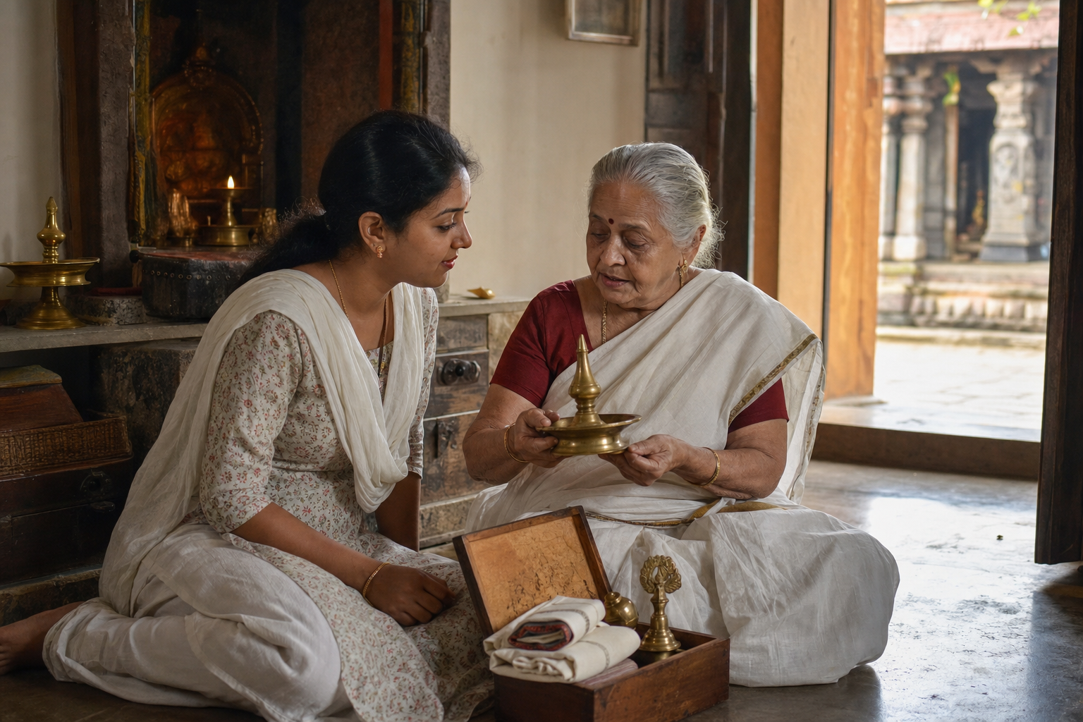An adult devotee listens to an elderly relative beside a family prayer alcove, with a neighborhood temple visible through the doorway.