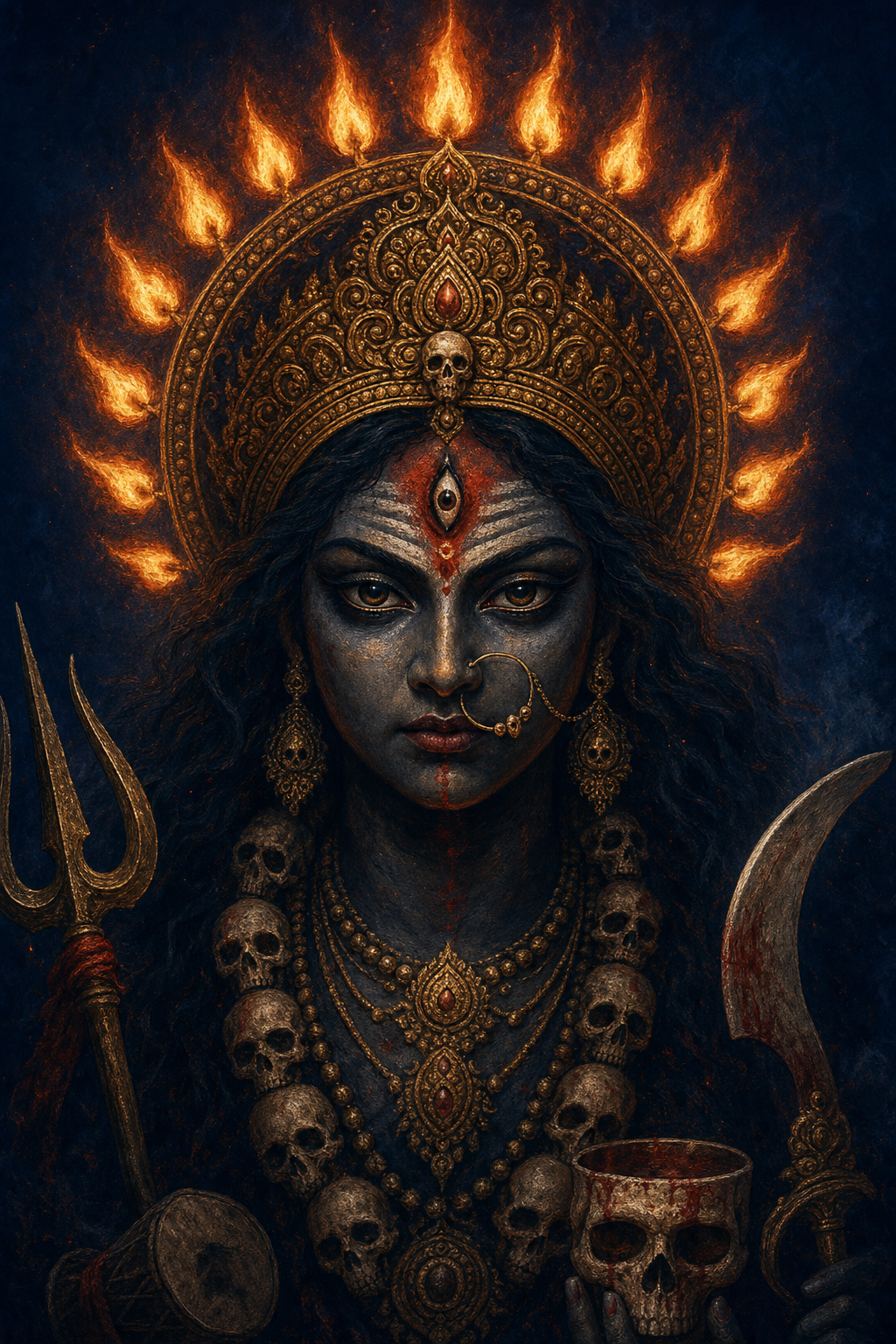 A close view of Chamunda shows her steady face and ordered flame crown brightly illuminated above ritual weapons that recede into shadow.