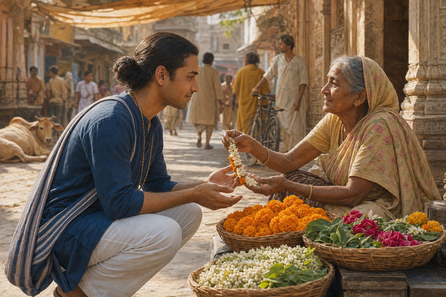A practitioner crouches to meet an elderly flower seller's gaze while receiving a jasmine garland in a Vrindavan lane.