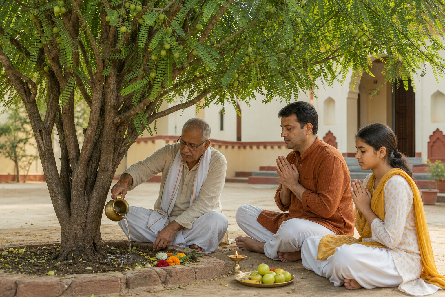Family members sit in prayer beside an amla tree while an elder pours water near its roots and simple offerings rest on a metal tray.