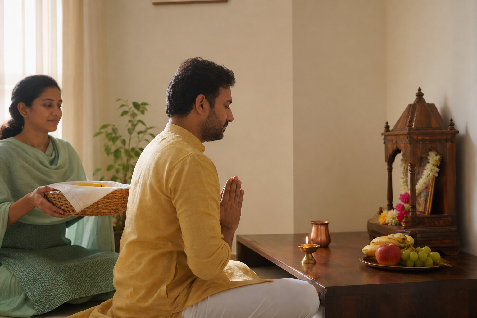 A person prays before a simple home altar with one oil lamp, water, flowers, and fruit while a family member holds a covered fruit basket nearby.