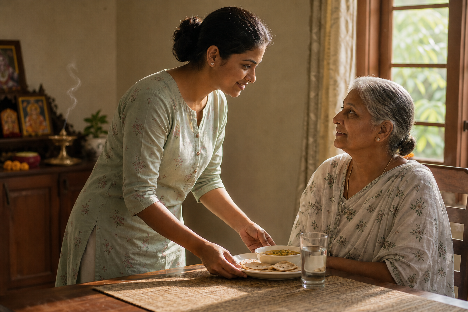 A devotee serves a meal and water to an older family member while a small home shrine is visible in the background.