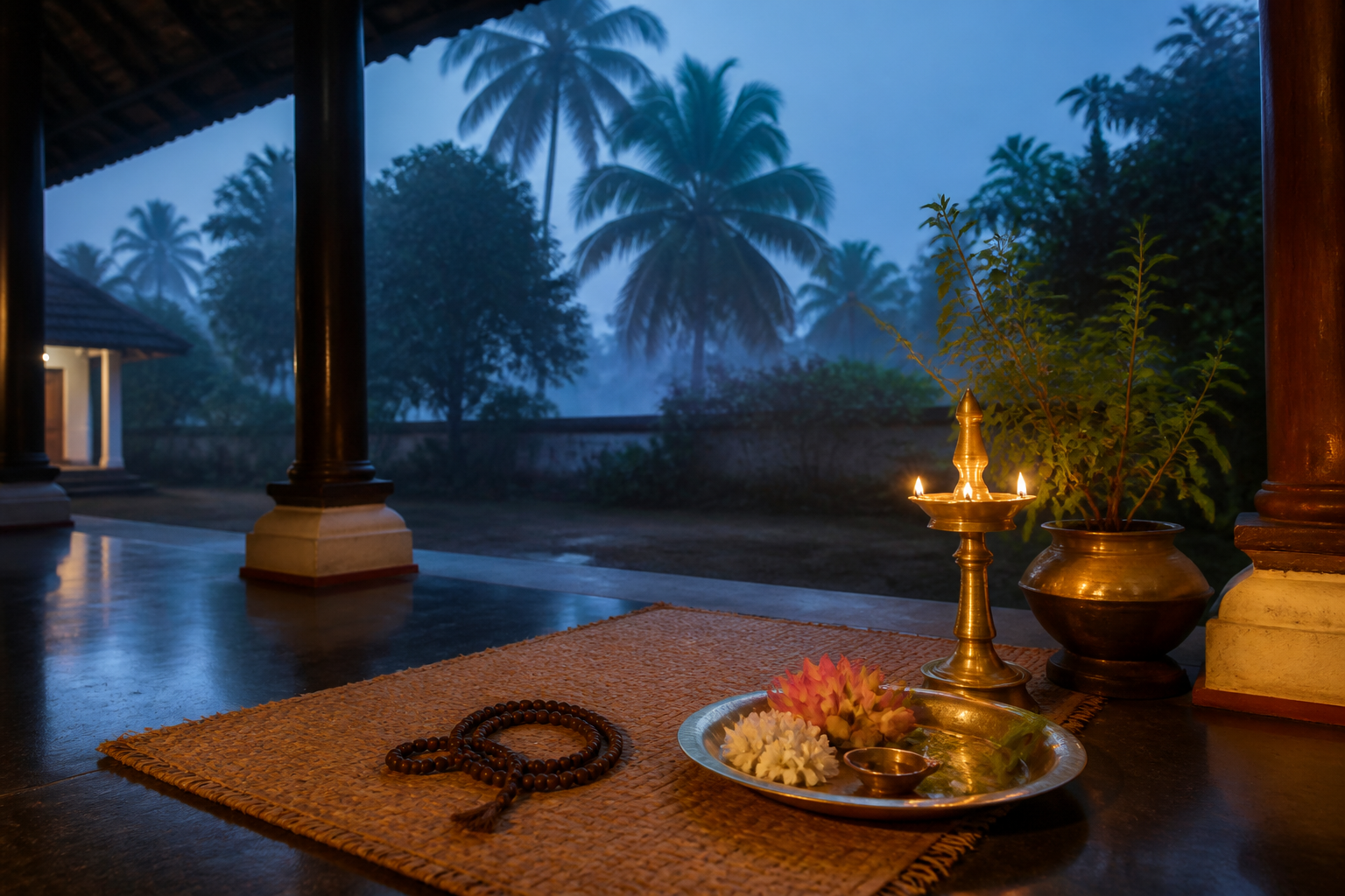 A glowing brass oil lamp, prayer mat, beads, flowers, and tulsi plant in a traditional Kerala courtyard at dawn.
