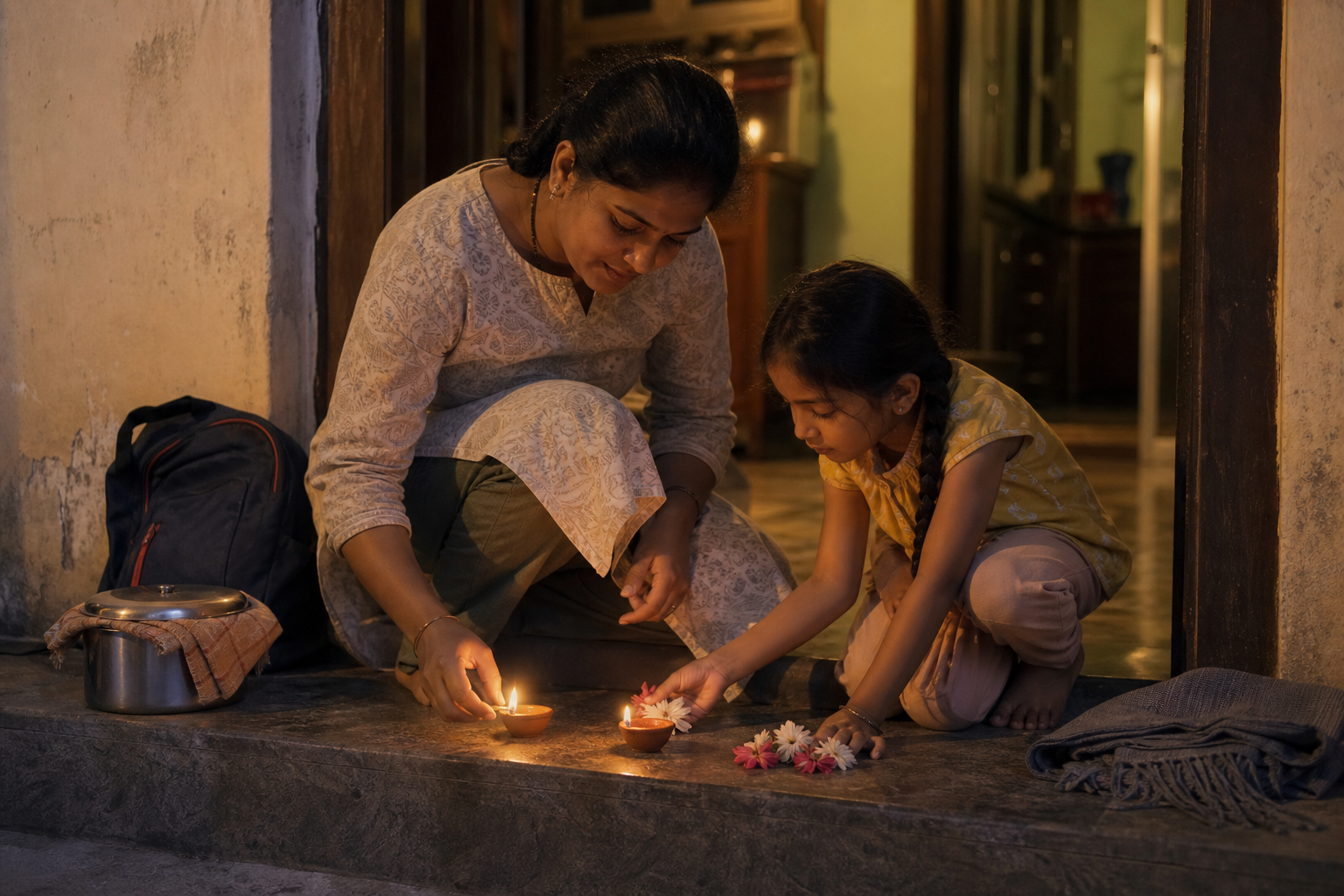 An adult and child light small clay lamps at their doorstep during an ordinary weekday evening.