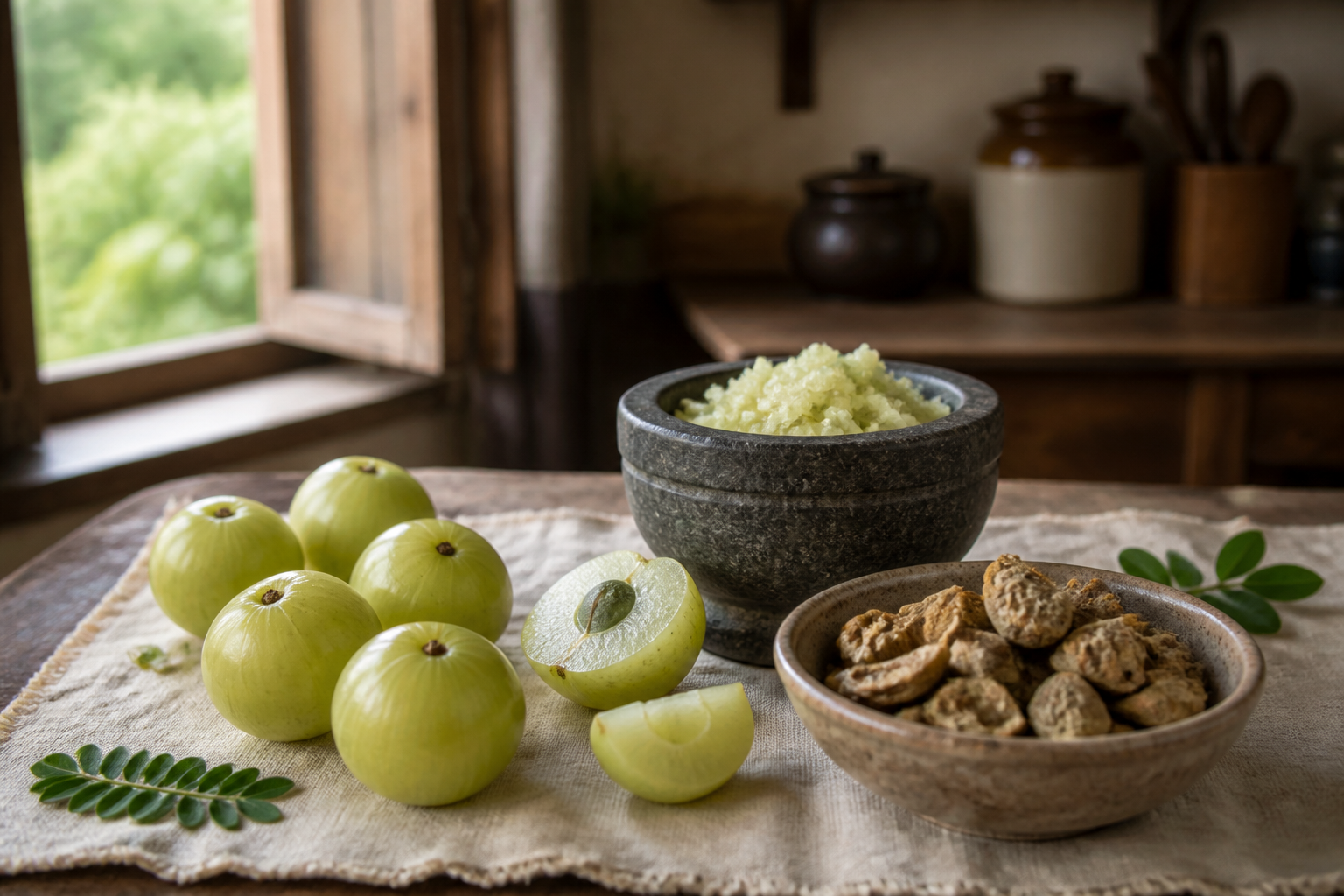 Fresh, cut, crushed, and dried amla fruit is arranged with leaves, a stone mortar, and a ceramic bowl on a wooden kitchen table.