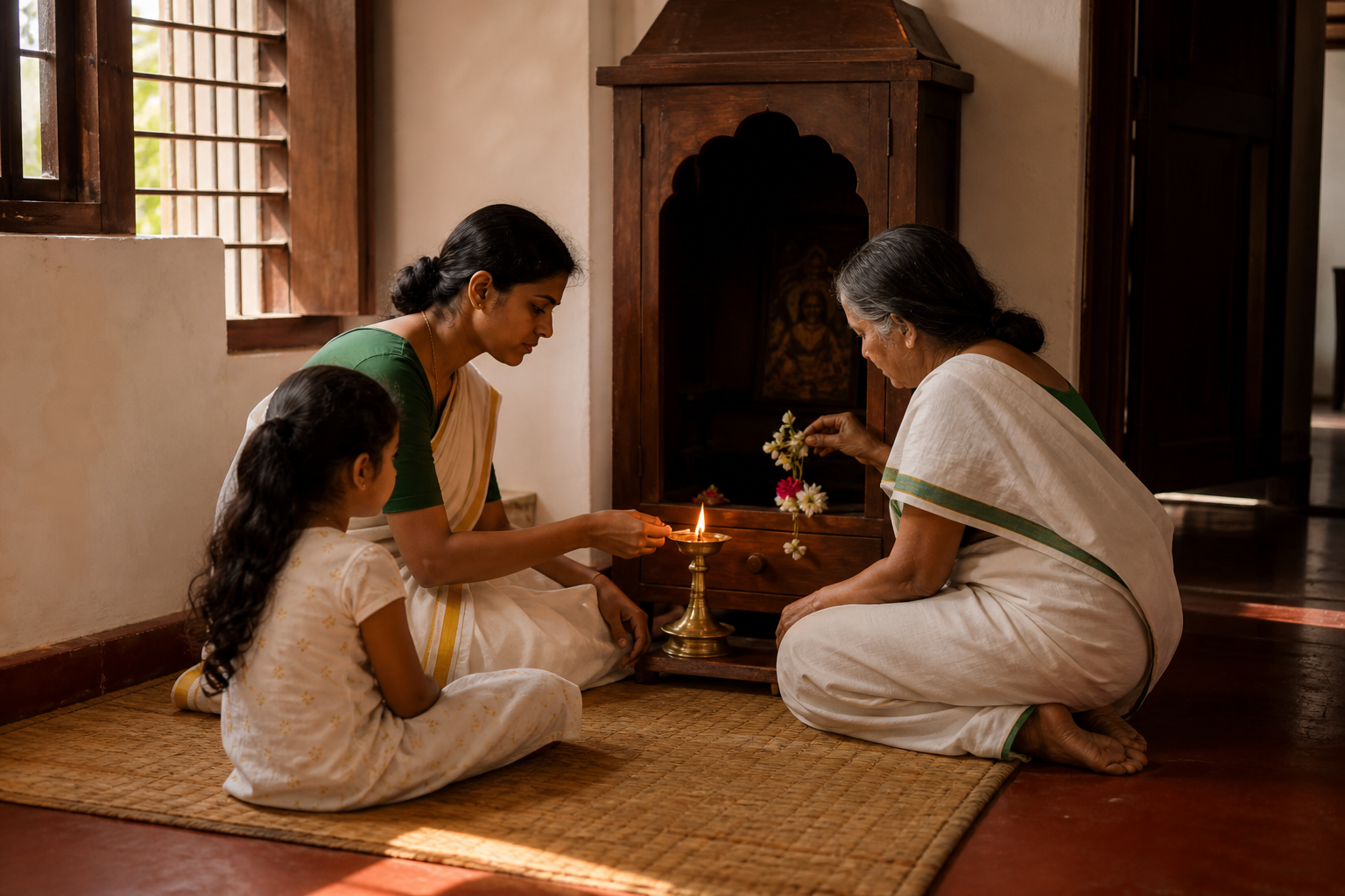 A family performs a simple morning lamp-lighting ritual together in a Kerala home.