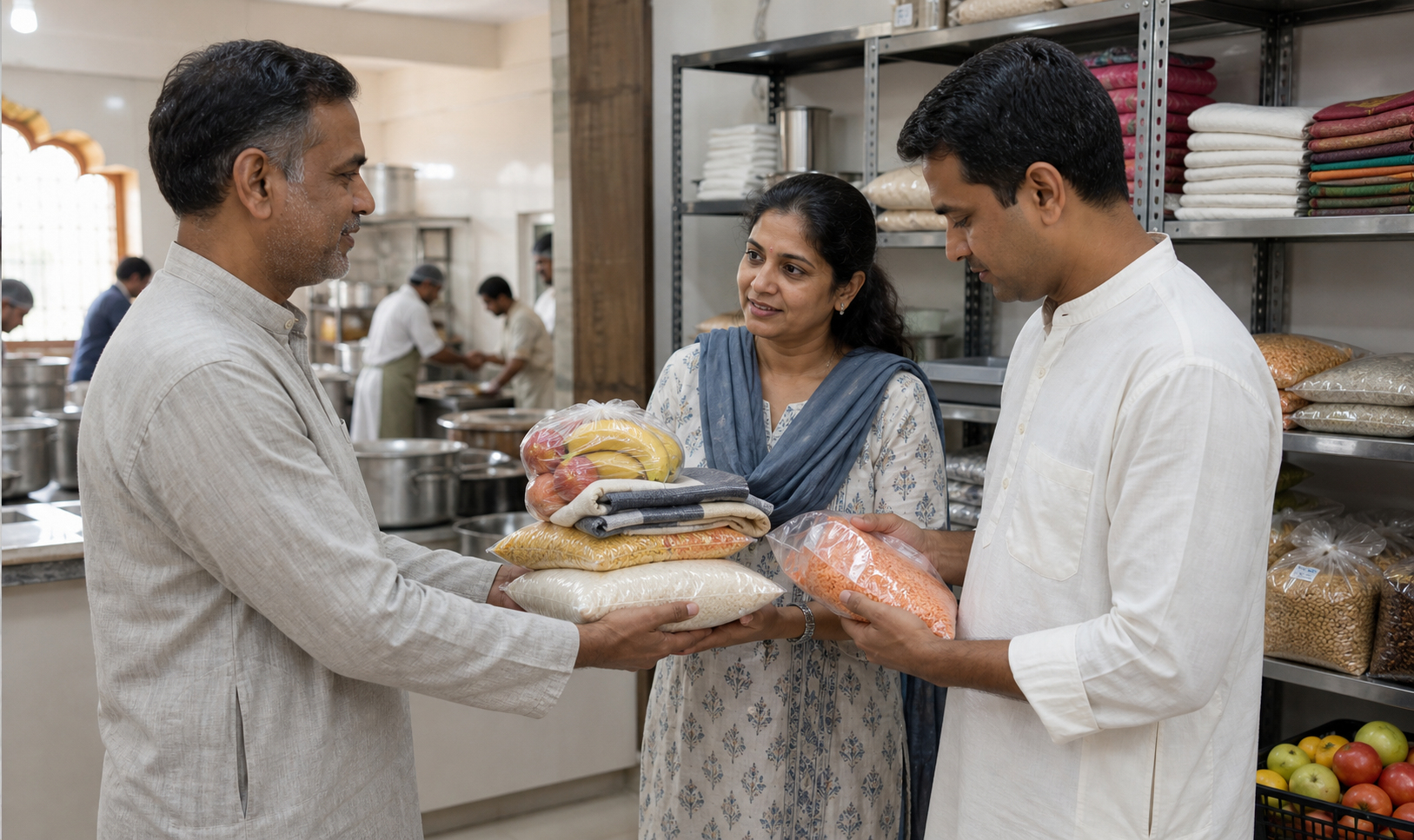 A donor gives packaged food, fruit, and folded cloth to volunteers in an orderly community kitchen.