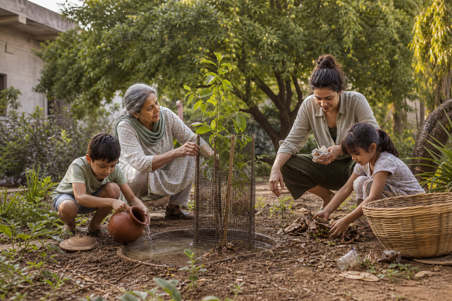 Adults and children water, mulch, and protect a young amla tree in a courtyard garden, with a mature amla tree growing behind them.