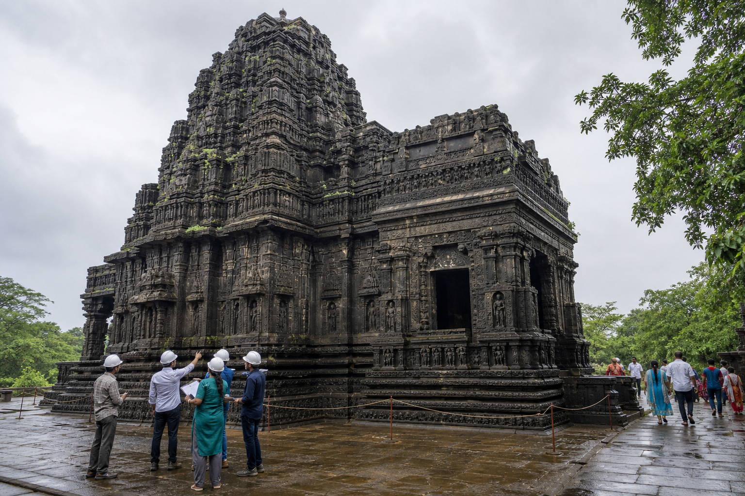 Ambernath Shiv Temple after rain, with devotees approaching and a conservation team surveying its weathered carved stone exterior.