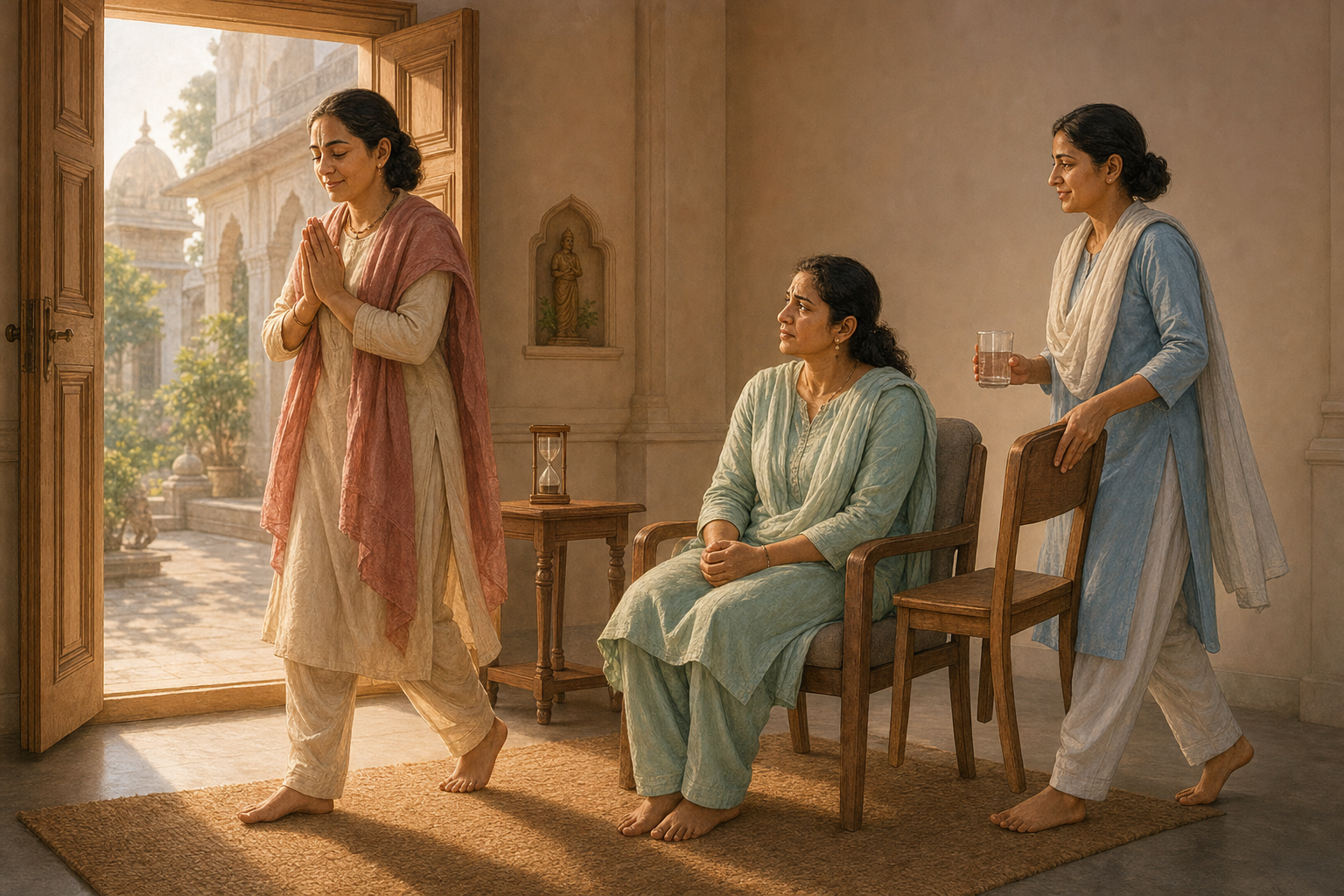 One devotee respectfully steps away from a conversation as another support person approaches the seated devotee with water and a chair.