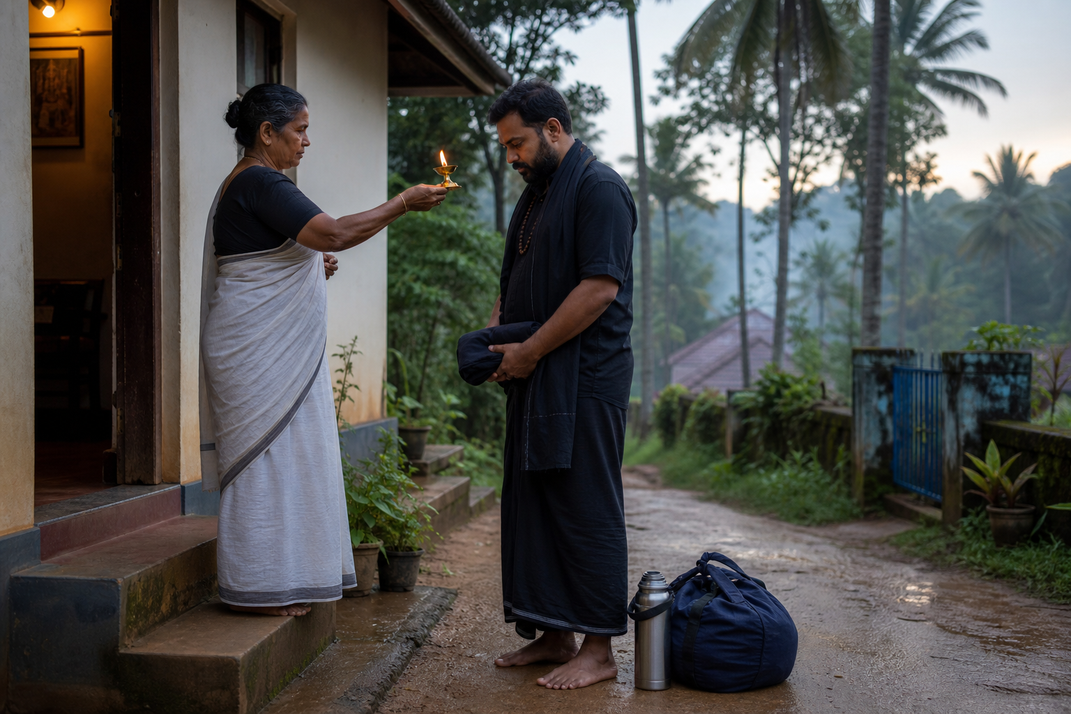 A barefoot devotee in dark clothing receives a lamp blessing from an older family member before pilgrimage preparation.
