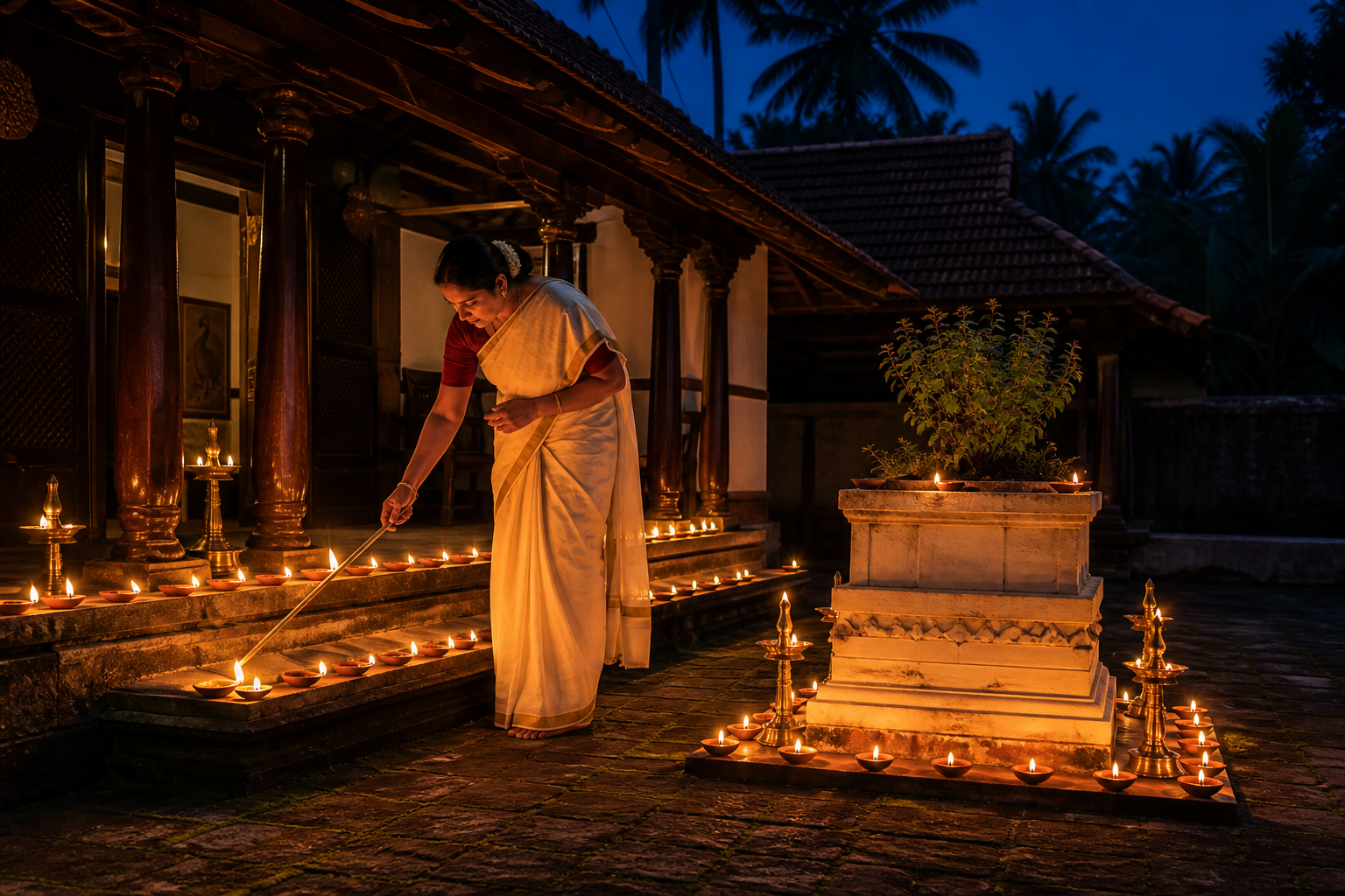 Rows of small oil lamps glow around a Kerala veranda and tulsi platform as a family member lights the final flame.