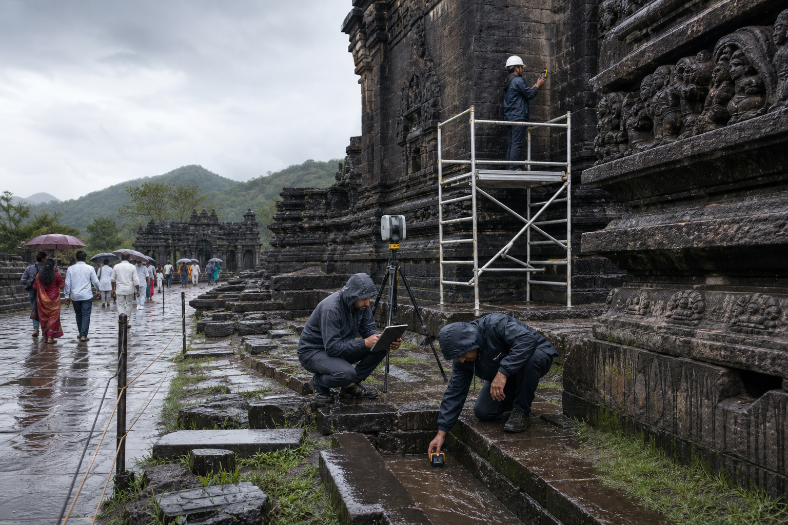 Conservation specialists inspect rainwater drainage, damp stonework and masonry joints around a historic basalt temple before repairs begin.
