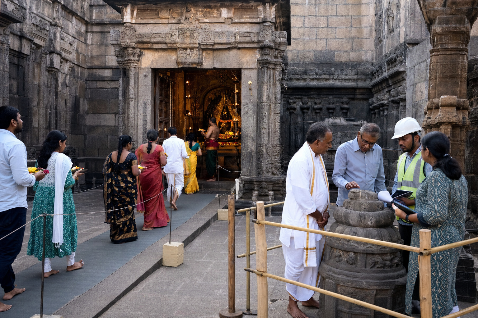 Devotees follow a protected worship route while temple representatives and conservation specialists examine stonework in the courtyard.