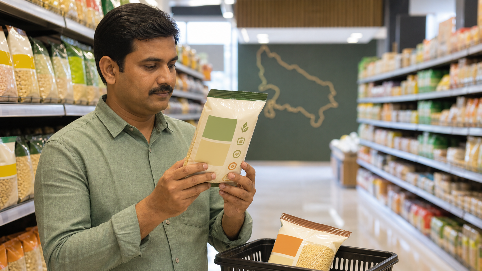 A shopper in an Indian grocery aisle carefully examines an unbranded packaged food product.