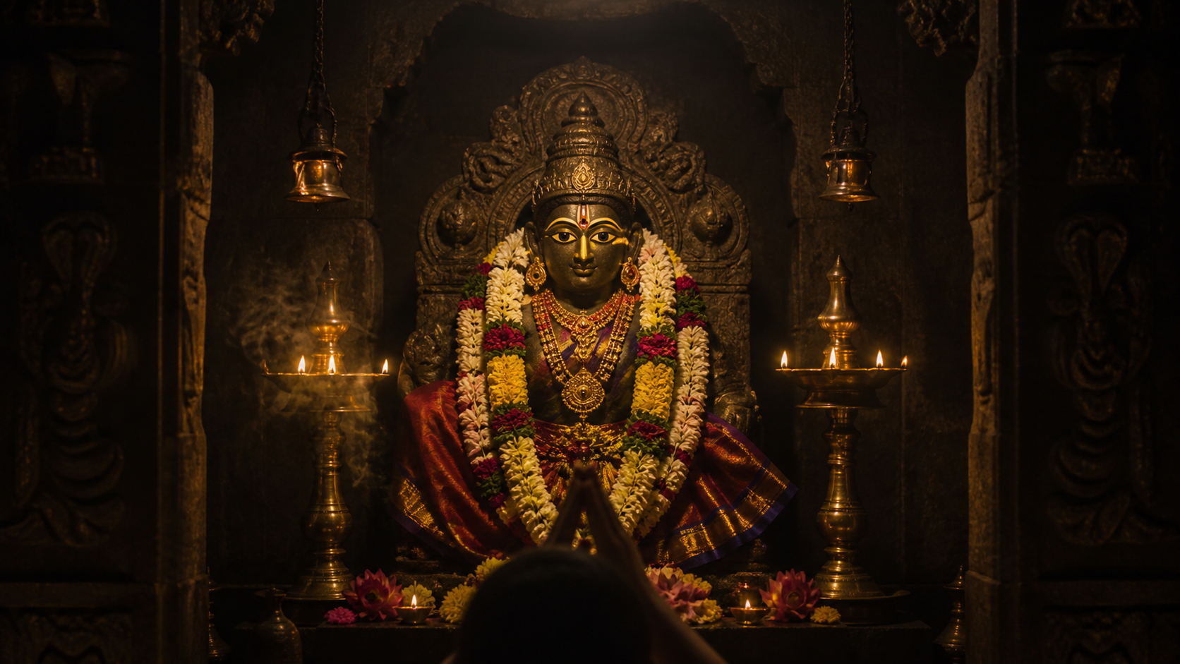 A flower-garlanded dark-stone Hindu murti with painted almond-shaped eyes faces a devotee whose joined hands appear at the bottom of a lamp-lit sanctum.