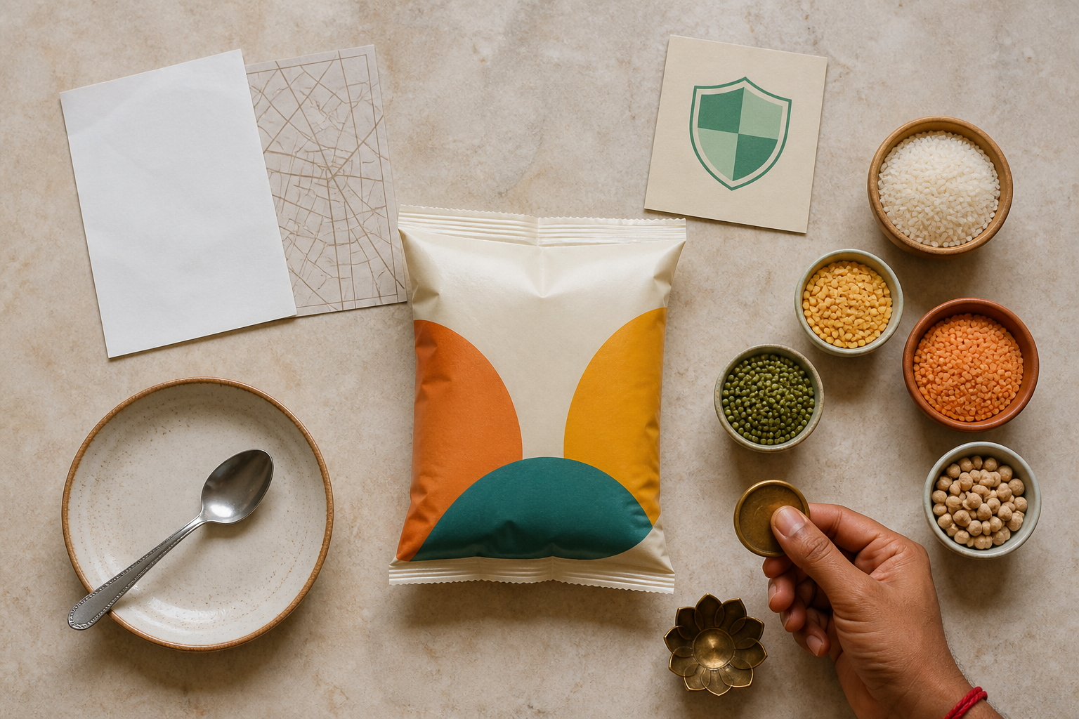An unbranded food package is surrounded by a receipt, route map, safety symbol, ingredients, tableware, and a brass lotus-shaped object.