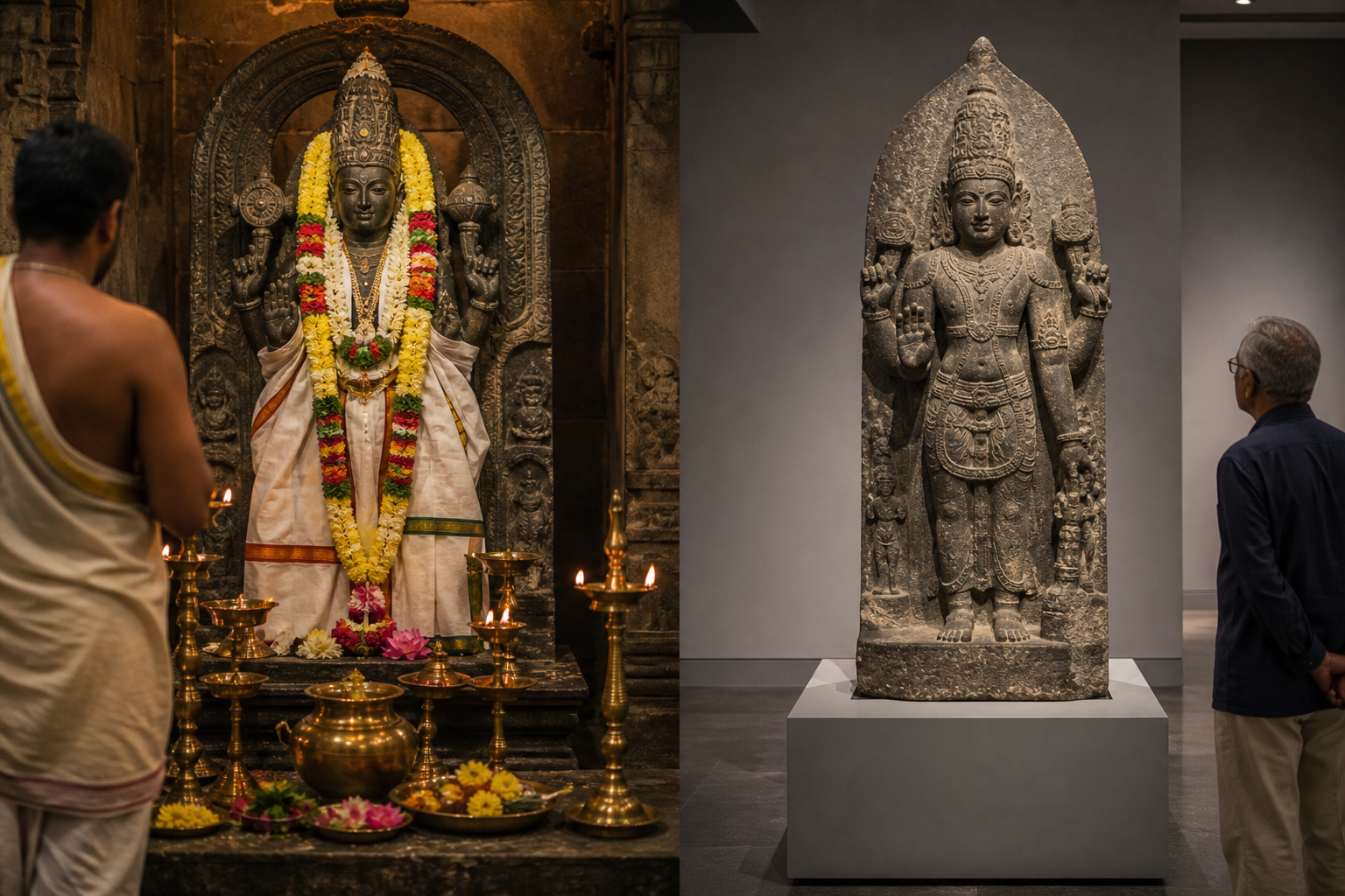 A split scene shows an adorned stone murti in a lamp-lit temple shrine beside a weathered deity sculpture displayed on a pedestal in a museum gallery.