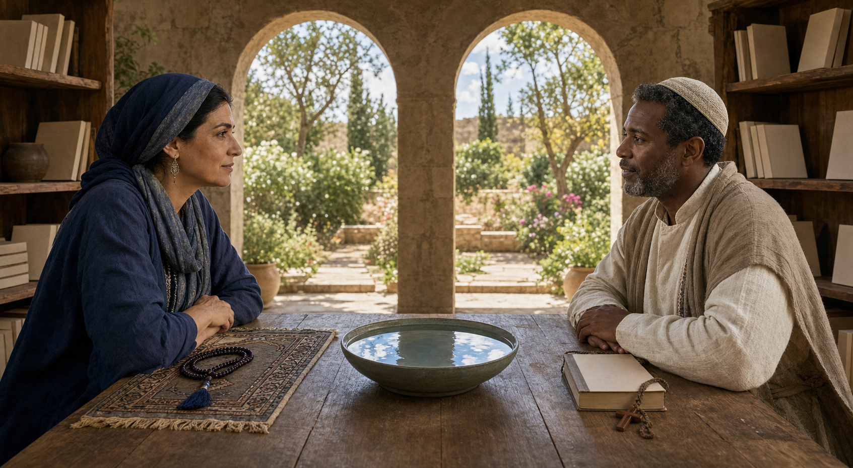Two adults listen to each other across a wooden table in a library courtyard, with separate sacred objects and a bowl of water between them.