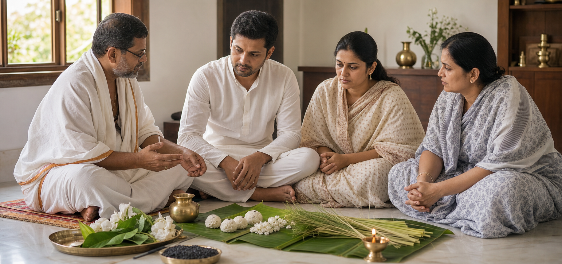 Family members consult a priest beside a simple Shraddha preparation with a lamp, brass vessel, darbha grass, sesame, flowers, and rice offerings.