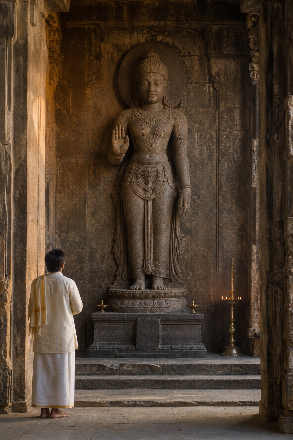A worshipper views the full figure of an upright stone murti with open eyes, a raised hand, carved ornaments, a halo, and a pedestal.