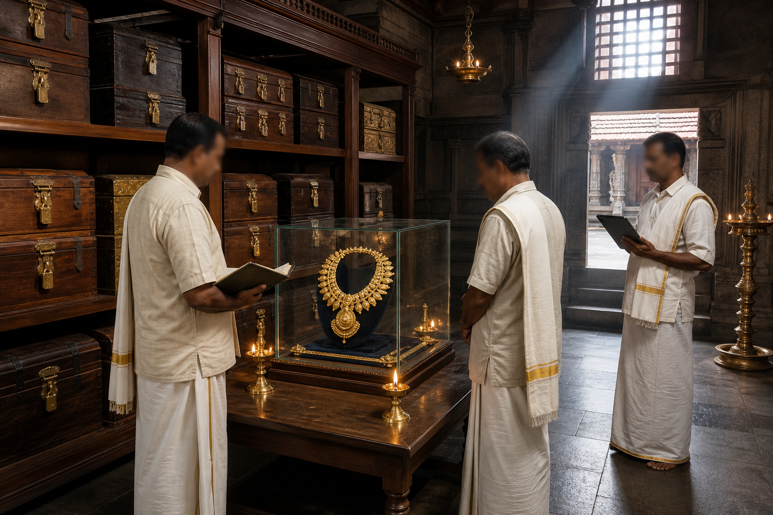 Two temple custodians and an independent auditor inspect a ceremonial gold ornament beside sealed strongboxes in a secure Kerala-style treasury room.
