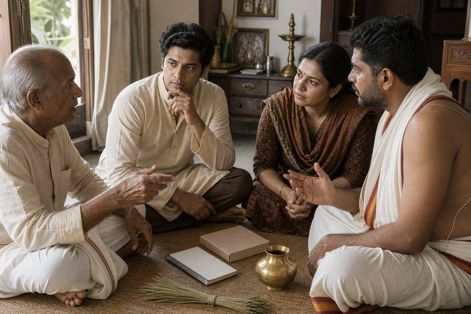 An older relative, two younger family members, and a priest discuss family custom before gathering Shraddha materials.