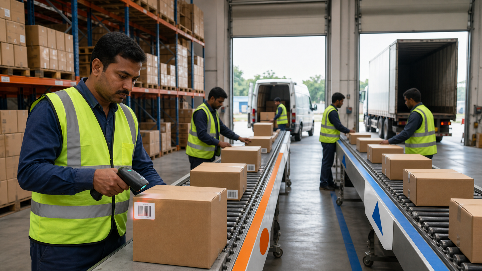 Warehouse workers sort unbranded cartons into separate delivery lanes while a manager scans a package.