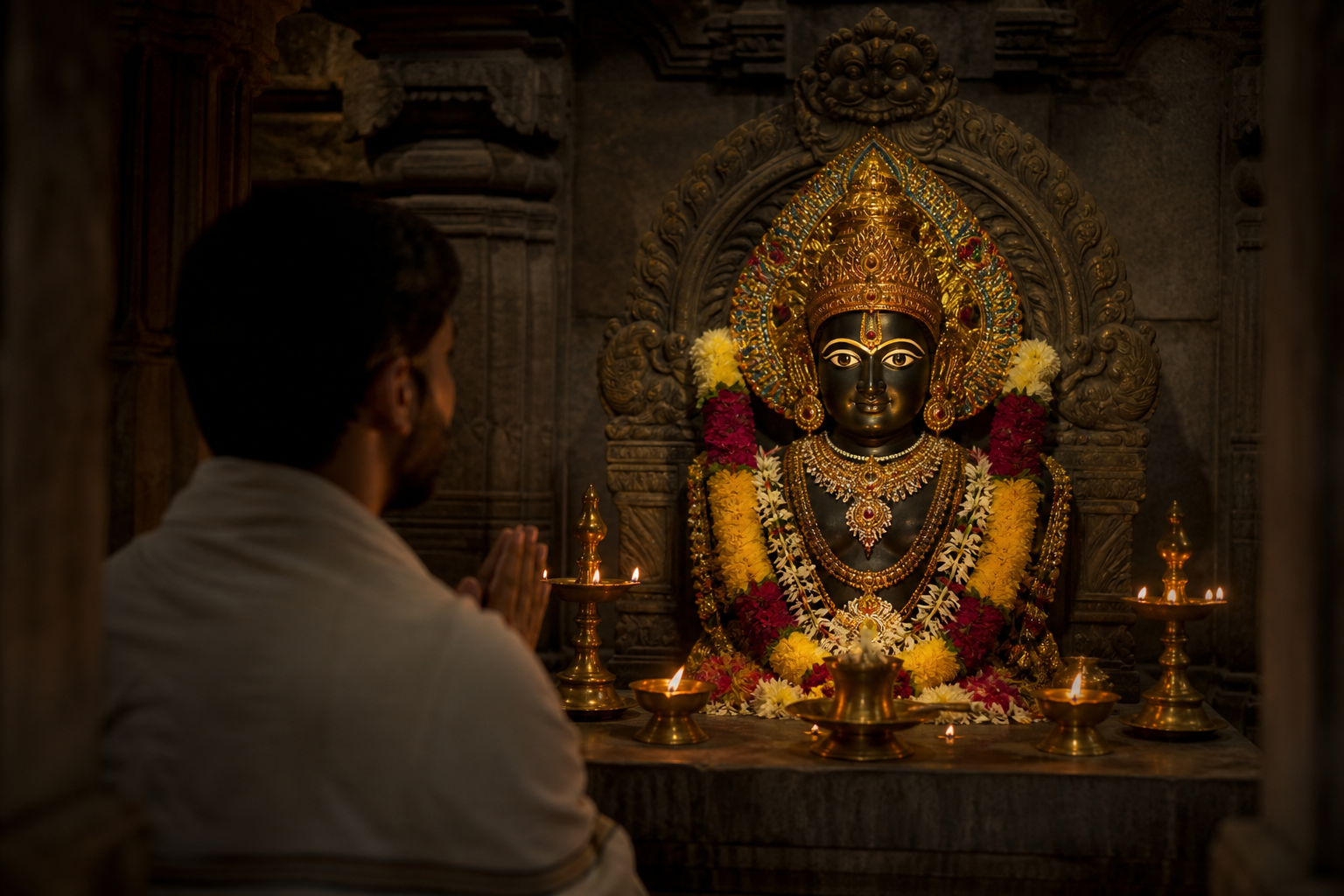 A worshipper stands face-to-face with a garlanded murti whose eyes are illuminated by oil lamps in a dim shrine.
