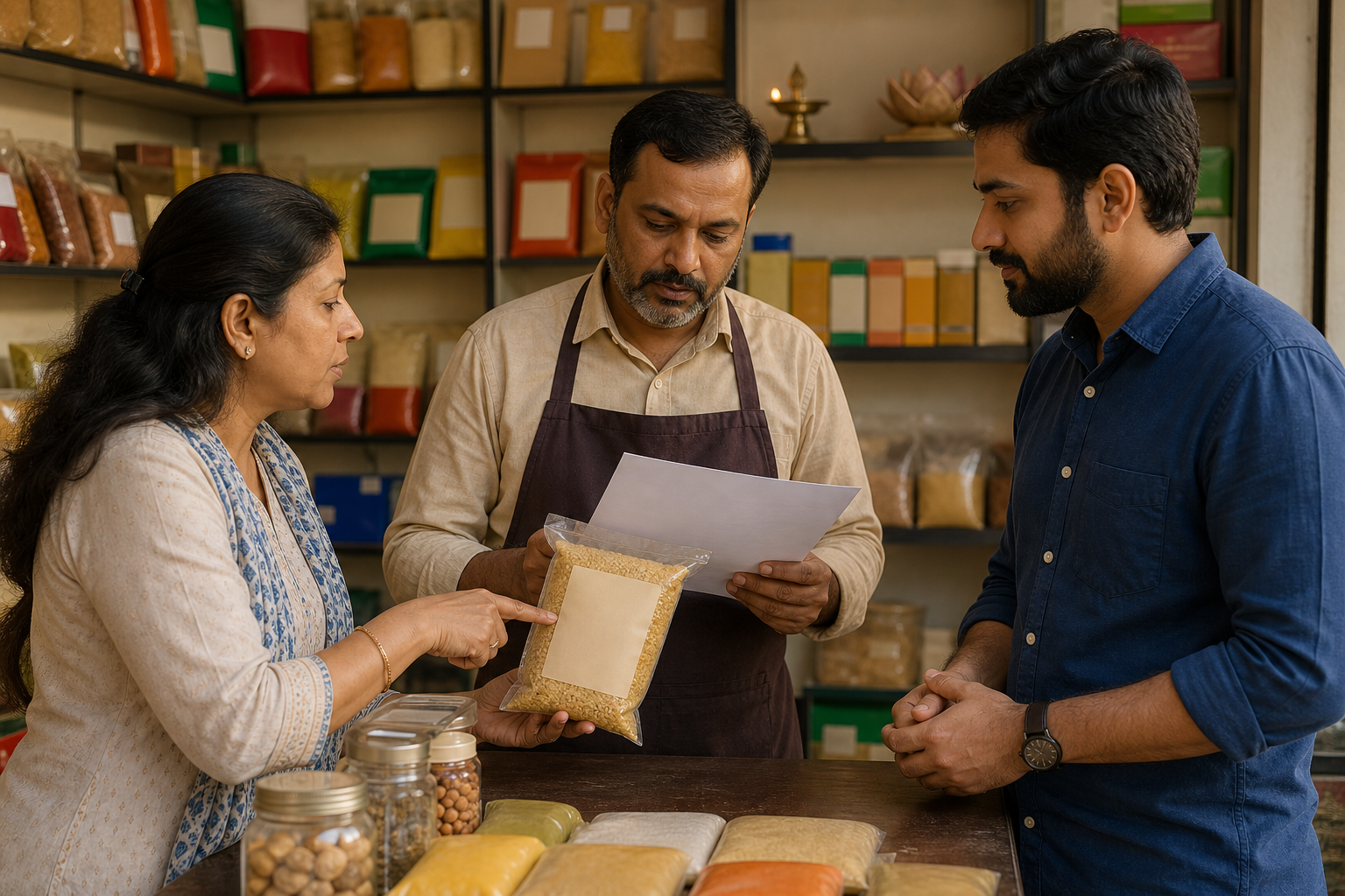 A shopkeeper and two customers calmly examine an unbranded food package and a plain document at a grocery counter.